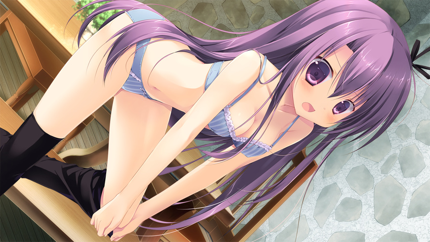 1girl bra fuyutsuki_shigure game_cg indoors izayoi_no_fortuna lapis_lazuli_(company) long_hair miyasaka_miyu panties purple_eyes purple_hair solo thighhighs underwear undressing