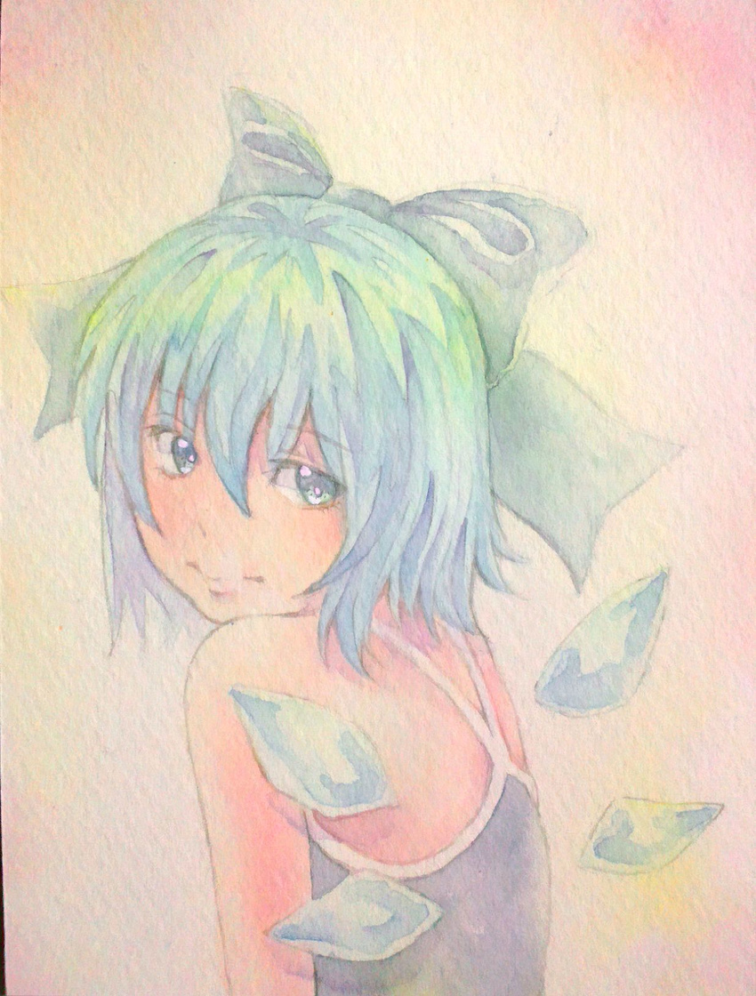 acrylic_paint_(medium) blue_eyes blue_hair bow cirno graphite_(medium) hair_bow highres ice ice_wings lips looking_back one-piece_swimsuit school_swimsuit short_hair smile solo swimsuit touhou traditional_media watercolor_(medium) wings yuyu_(00365676)