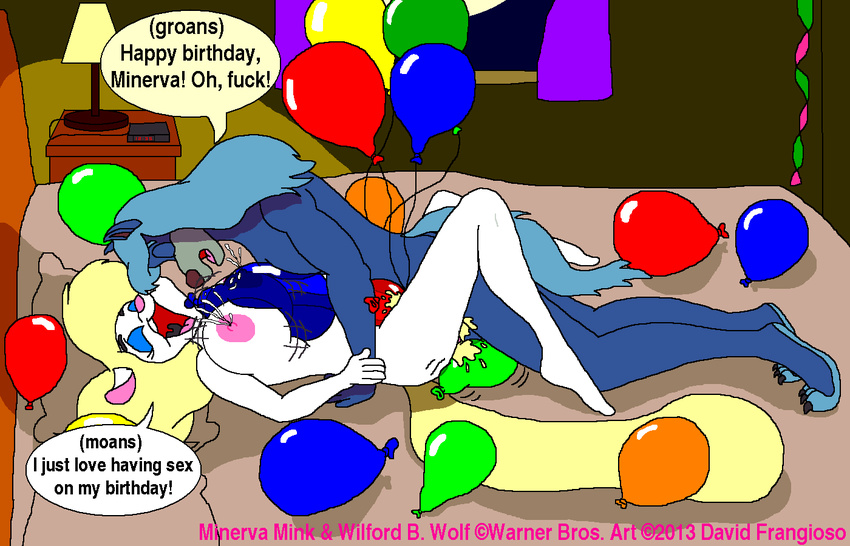 animaniacs areola balloon_fetish balloons balls bed big_breasts birthday birthday_sex bouncing_breasts breast_milk breasts canine cum cum_in_pussy cum_inside cum_on_balls david_frangioso erect_nipples female lactating lying male mammal minerva_mink mink missionary_position moan mustelid nipples nude on_back penetration penis screaming sex straight vaginal vaginal_penetration were werewolf wilford_wolf
