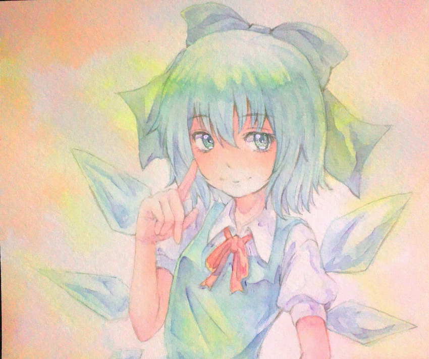 acrylic_paint_(medium) blue_eyes blue_hair bow cirno graphite_(medium) hair_bow highres ice ice_wings pointing pointing_up short_hair solo touhou traditional_media watercolor_(medium) wings yuyu_(00365676)