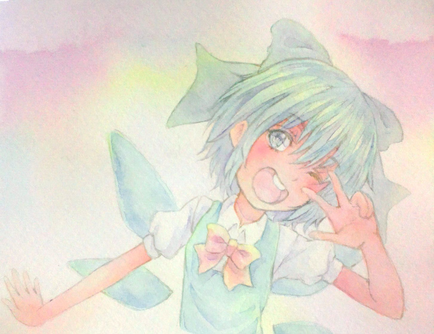 :d acrylic_paint_(medium) blue_eyes blue_hair bow cirno graphite_(medium) hair_bow ice ice_wings one_eye_closed open_mouth short_hair smile solo teeth touhou traditional_media v v_over_eye watercolor_(medium) wings yuyu_(00365676)