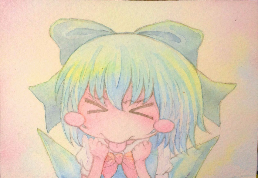 &gt;_&lt; :p acrylic_paint_(medium) blue_hair blush_stickers bow cirno closed_eyes graphite_(medium) hair_bow ice ice_wings short_hair solo tongue tongue_out touhou traditional_media watercolor_(medium) wings yuyu_(00365676)