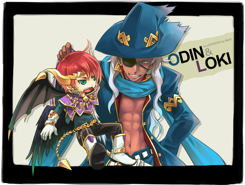 bare_chest dark_skin demon eyepatch green_eyes gungho_online_entertainment horns loki_(p&amp;d) muscle odin_(p&amp;d) open_clothes open_shirt puzzle_&amp;_dragons red_hair scarf shirt white_hair wings