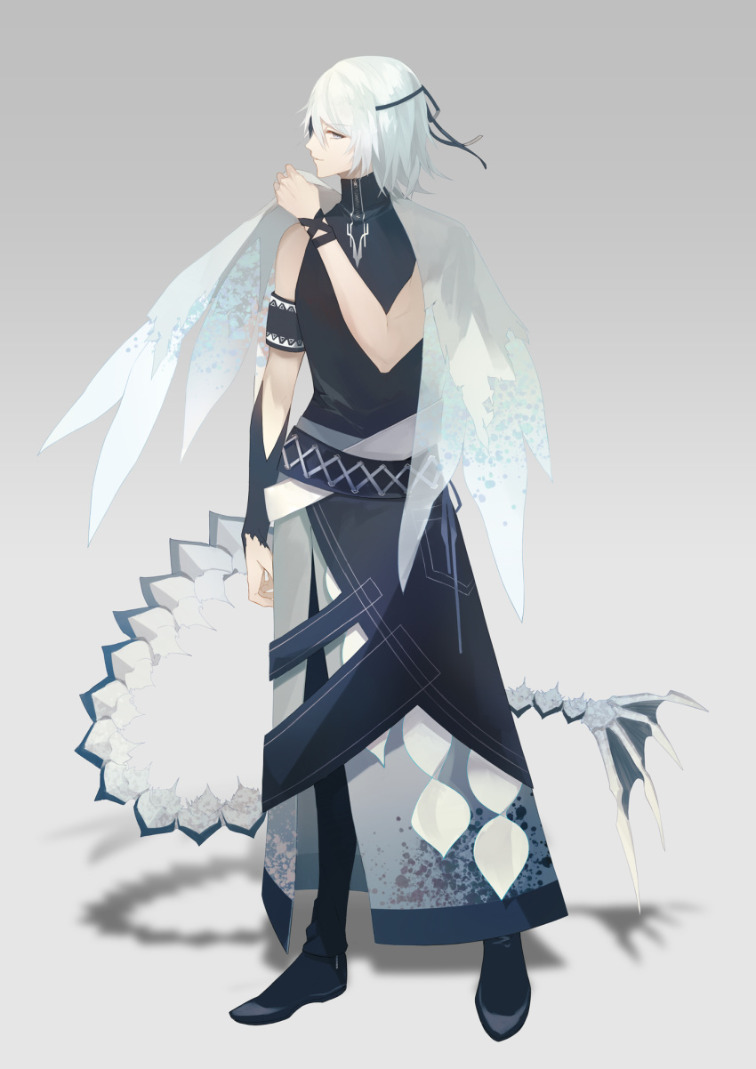 1boy arm_at_side armband black_footwear caviar eyepatch food_fantasy full_body grey_background grey_eyes hand_up highres mei1016 personification shoes simple_background solo standing tail white_hair wings zipper
