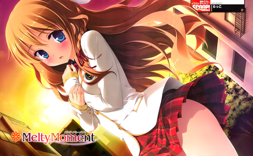 blue_eyes blush brown_hair dengeki_hime hook long_hair melty_moment orie_yuuka rakko scan seifuku skirt sunset