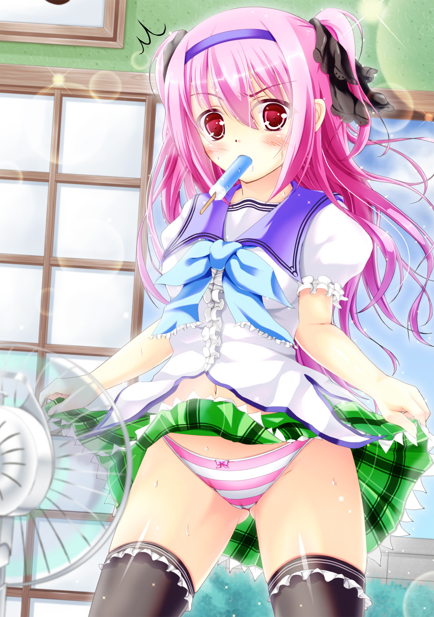 belly_peek blush cameltoe electric_fan fanning_crotch food hair_ribbon hairband highres hiro_(725611) long_hair mouth_hold navel original panties pink_eyes pink_hair popsicle purple_hairband ribbon school_uniform shouji skirt skirt_lift sliding_doors solo striped striped_panties sweat thighhighs two_side_up underwear