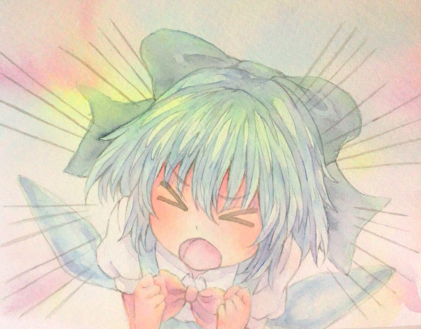 &gt;_&lt; acrylic_paint_(medium) blue_hair bow cirno closed_eyes emphasis_lines graphite_(medium) hair_bow ice ice_wings short_hair shouting solo touhou traditional_media watercolor_(medium) wings yuyu_(00365676)