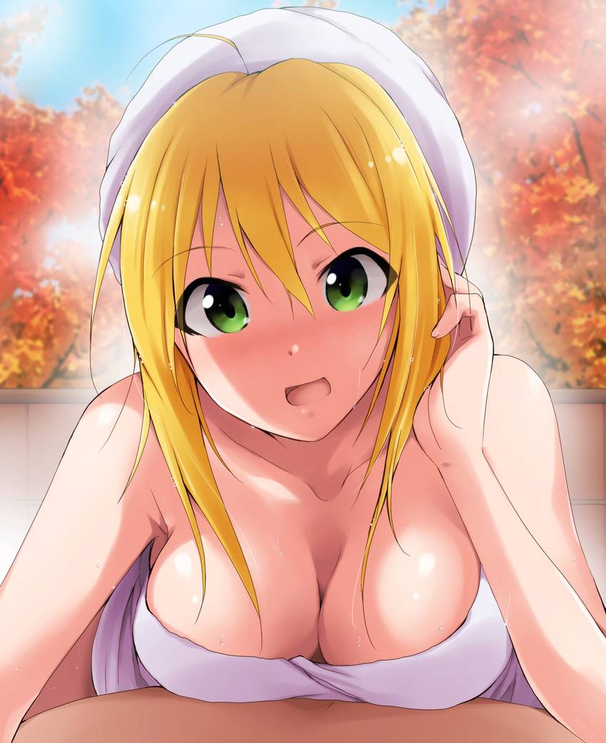:d ahoge bare_shoulders blonde_hair blush breasts cleavage girl_on_top green_eyes highres hoshii_miki idolmaster idolmaster_(classic) idolmaster_million_live! kaiga long_hair looking_at_viewer medium_breasts naked_towel nude open_mouth smile solo_focus steaming_body towel towel_on_head wet