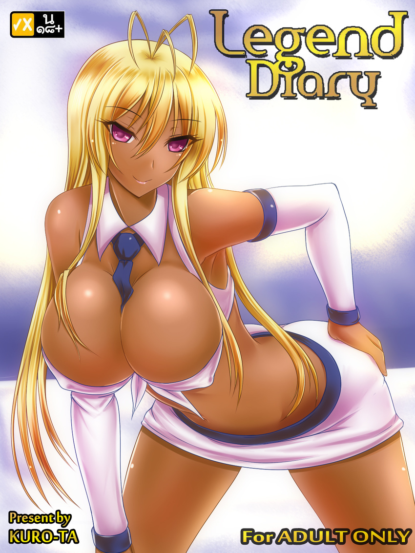 bent_over blonde_hair breasts cleavage clothed cover dark_skin large_breasts long_hair miniskirt necktie skirt smile solo