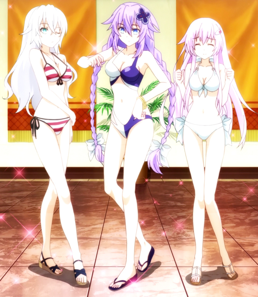 3girls bikini black_heart blue_eyes breasts choujigen_game_neptune cleavage compile_heart eyes_closed green_eyes highres idea_factory long_hair multiple_girls nepgear neptune_(choujigen_game_neptune) neptune_(series) noire pink_hair purple_heart purple_sister siblings sisters swimsuit very_long_hair white_hair wink