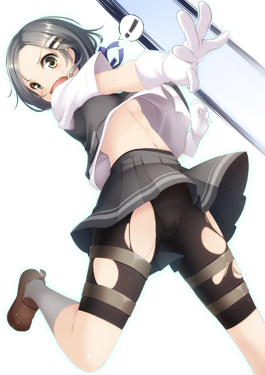 1girl bad_id bad_pixiv_id bike_shorts black_hair blue_ribbon blush breasts fang gloves hair_ornament hairclip highres kantai_collection kuroshio_(kantai_collection) loafers navel neck_ribbon nipples open_mouth orange_(satsurikukuma) ribbon shoes short_hair skirt small_breasts socks solo speech_bubble spoken_exclamation_mark torn_bike_shorts torn_clothes upshirt vest white_gloves yellow_eyes