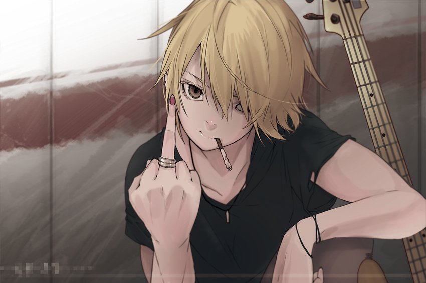 bass_guitar blonde_hair brown_eyes cigarette hair_over_one_eye instrument jewelry middle_finger mouth_hold original ring solo tokiti