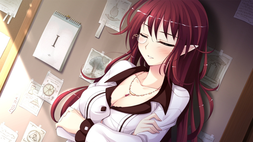 1girl breasts cleavage crossed_arms eyes_closed game_cg jewelry kagami_yuuko ko~cha long_hair monocle necklace red_hair witch's_garden witch's_garden