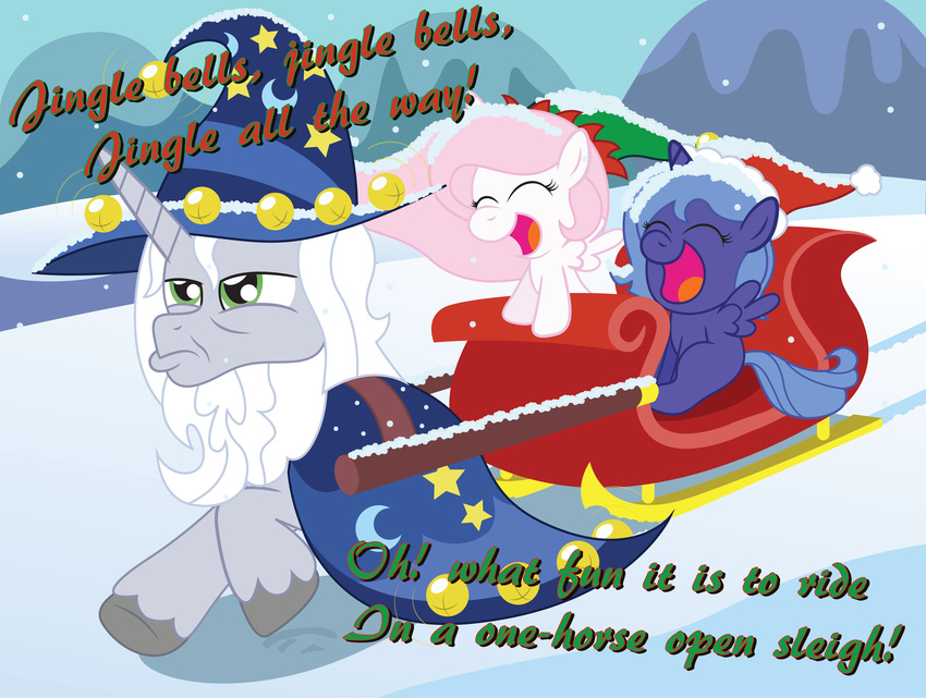 absurd_res blue_fur blue_hair cewestia christmas cub cute english_text equine female friendship_is_magic fur green_eyes group hair hat hi_res holidays horn horse male mammal my_little_pony outside pink_hair pony princess_celestia_(mlp) princess_luna_(mlp) santa_hat sleigh star_swirl_the_beard starswirl_the_bearded_(mlp) t-3000 text unicorn winged_unicorn wings woona young younger