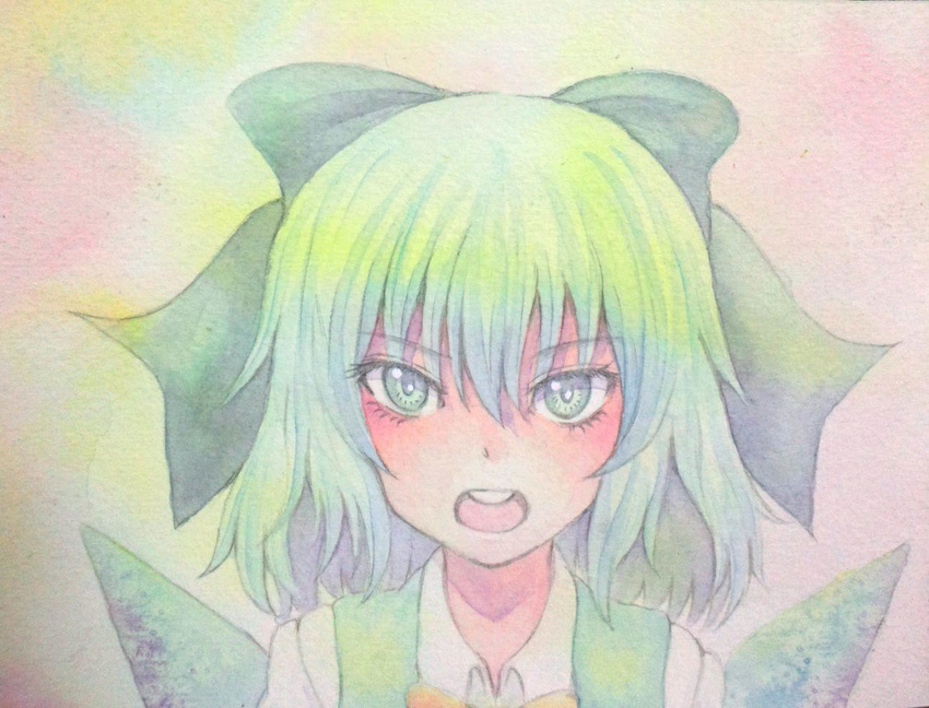acrylic_paint_(medium) blue_eyes blue_hair bow cirno graphite_(medium) hair_bow ice ice_wings open_mouth short_hair solo teeth touhou traditional_media watercolor_(medium) wings yuyu_(00365676)
