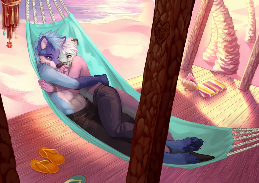 belly blue_fur canine captain_otter carving conch couple cuddling cute demicoeur flottsky fur gay hammock high-angle_shot hug jad'thor love male mammal mustelid navel otter pink_fur sandals seaside topless towel wide_hips wolf