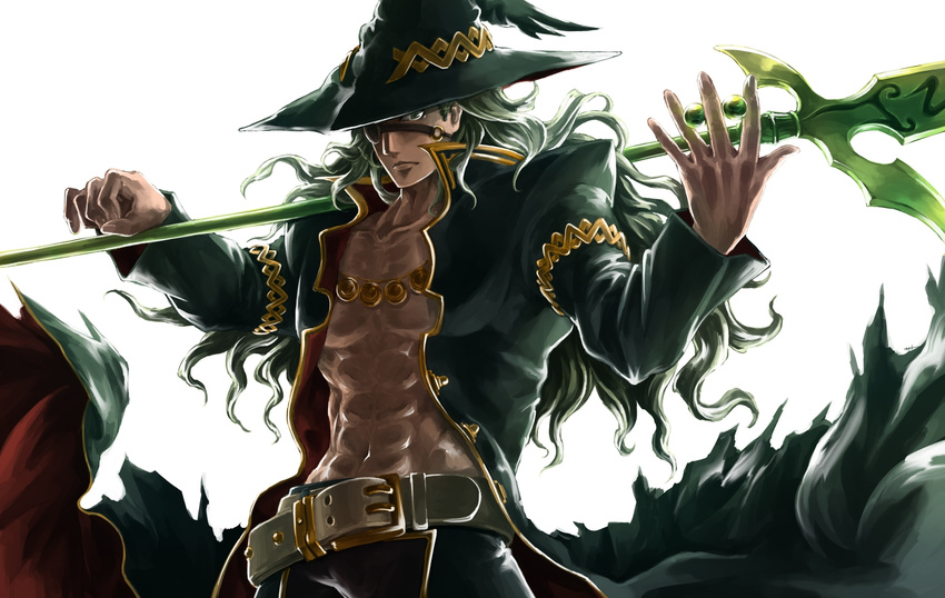 1boy bare_chest belt eyepatch food_fighter_441 green_eyes green_hair gungho_online_entertainment highres jewelry muscle necklace odin_(p&amp;d) open_clothes open_shirt pixiv_manga_sample polearm puzzle_&amp;_dragons resized shirt spear weapon