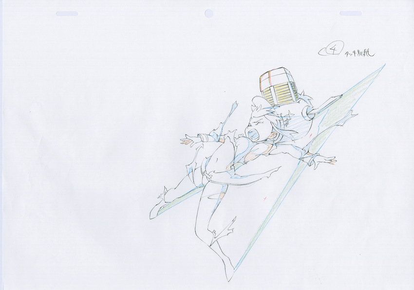 armor armored_dress boots cannon color_trace commentary damaged flying full_body hat highres jakuzure_nonon key_frame kill_la_kill official_art partially_colored production_art production_note promotional_art sidelocks simple_background sketch spiked_helmet trigger_(company) uniform upskirt white_background
