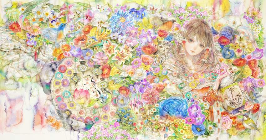 anemone_(flower) bad_id bad_pixiv_id bird bird_of_paradise brown_eyes brown_hair clover daffodil dove flower gerbera hair_tubes hakurei_reimu highres iris_(flower) jewelry lantern lily_(flower) long_hair lotus owl pansy parrot peony_(flower) poppy_(flower) smile solo touhou traditional_media violet_(flower) watercolor_(medium) yogisya