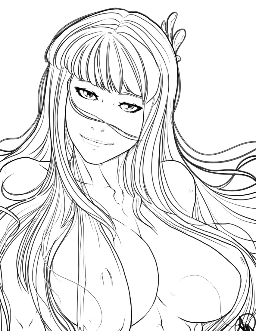 breasts cleavage covered_nipples eyelashes ganassa greyscale highres kido_saori large_breasts lineart lips looking_at_viewer monochrome saint_seiya slingshot_swimsuit smile solo swimsuit underboob