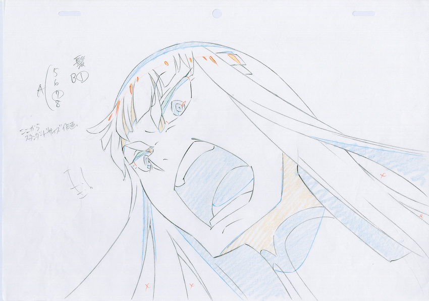 color_trace commentary highres key_frame kill_la_kill kiryuuin_satsuki official_art panicking partially_colored production_art production_note promotional_art screaming simple_background sketch trigger_(company) white_background