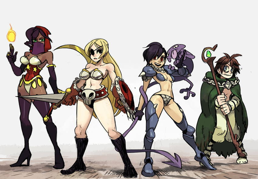 1boy 3girls alex_ahad armor bare_shoulders bikini_armor black_hair blonde_hair blue_eyes boots breasts brown_eyes brown_hair cloak commentary corset dark_skin ebony elbow_gloves eyepatch face_mask fantasy fire gloves greaves green_eyes high_heel_boots high_heels hood magic mask multiple_girls navel original pauldrons red_eyes shield skull staff sword thigh_boots thighhighs very_dark_skin weapon whip