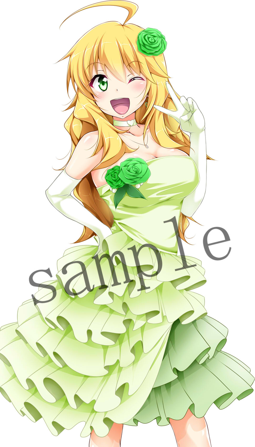 ahoge blonde_hair blush breasts choker cleavage dress elbow_gloves flower frilled_dress frills gloves green_eyes green_flower green_rose green_skirt highres hoshii_miki idolmaster idolmaster_(classic) large_breasts long_hair looking_at_viewer one_eye_closed open_mouth rose sample simple_background skirt solo v white_background white_gloves yopparai_oni