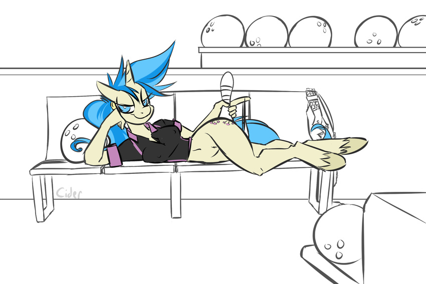 allie_way_(mlp) anthro anthrofied bench blue_eyes blue_hair bottomless bowling_alley bowling_ball bowling_pin breasts cider clothing equine female friendship_is_magic frumplechuck hair hooves horn horse lying mammal my_little_pony navel panties pony shirt solo two_tone_hair underwear unicorn