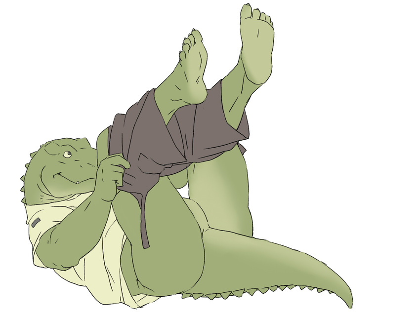 5_toes anthro barefoot butt clothing crocodile gamma-g hindpaw human_feet legs_up lying male on_back pants paws plain_background plantigrade pose reptile scalie shirt soles solo thick_tail toes undressing white_background