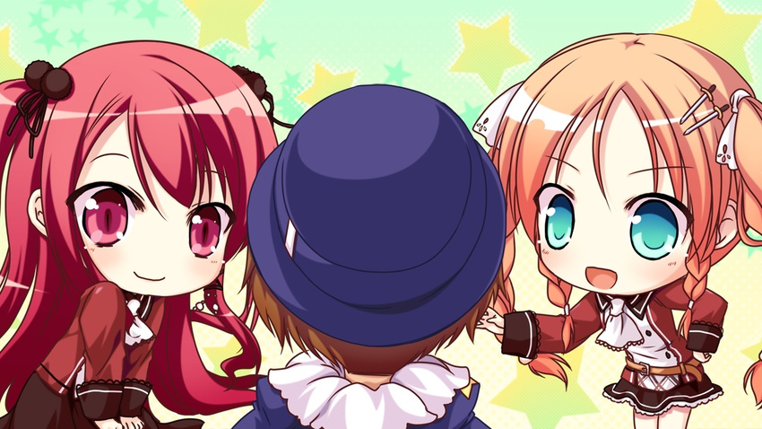 2girls blonde_hair blue_eyes chibi game_cg hatano_ririko hinomiya_ayari ko~cha multiple_girls red_eyes red_hair witch's_garden witch's_garden