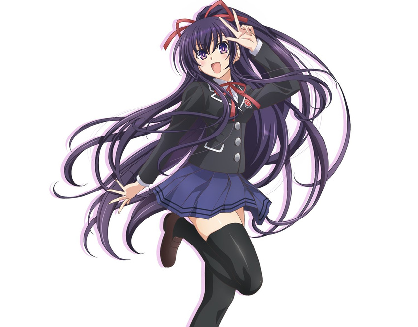 artist_request blush date_a_live hair_between_eyes hair_ribbon happy long_hair official_art open_mouth pleated_skirt ponytail purple_eyes purple_hair red_ribbon ribbon school_uniform simple_background skirt smile solo source_request thighhighs very_long_hair w white_background yatogami_tooka zettai_ryouiki
