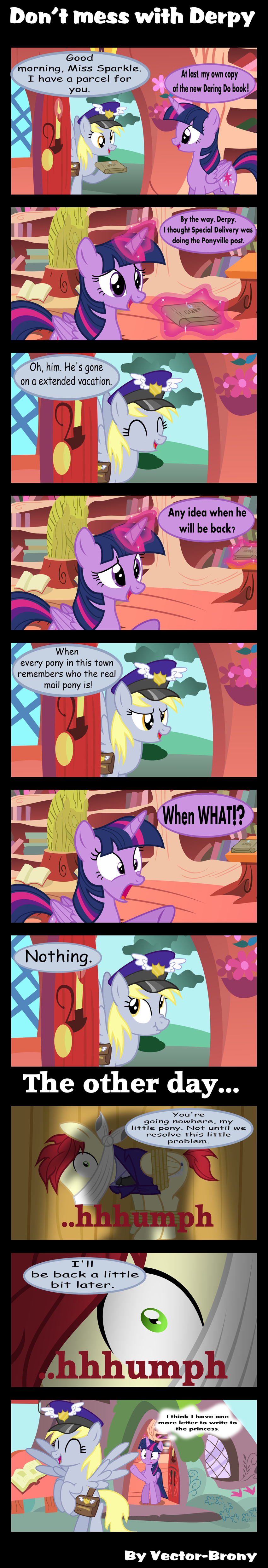 blonde_hair bookshelf bound comic derp_eyes derpy_hooves_(mlp) dialog door english_text equine femal female flying friendship_is_magic gag glowing green_eyes hair hampshireukbrony hat horn horse levitation library magic mail male mammal multi-colored_hair my_little_pony outside package pegasus pony purple_eyes purple_hair red_hair rope sky text tree twilight_sparkle_(mlp) vector-brony winged_unicorn wings yellow_eyes