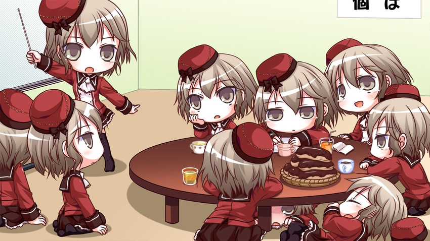 6+girls brown_eyes brown_hair chibi eclair_(food) eyes_closed game_cg hat ko~cha multiple_girls saimon_eclair table witch's_garden witch's_garden