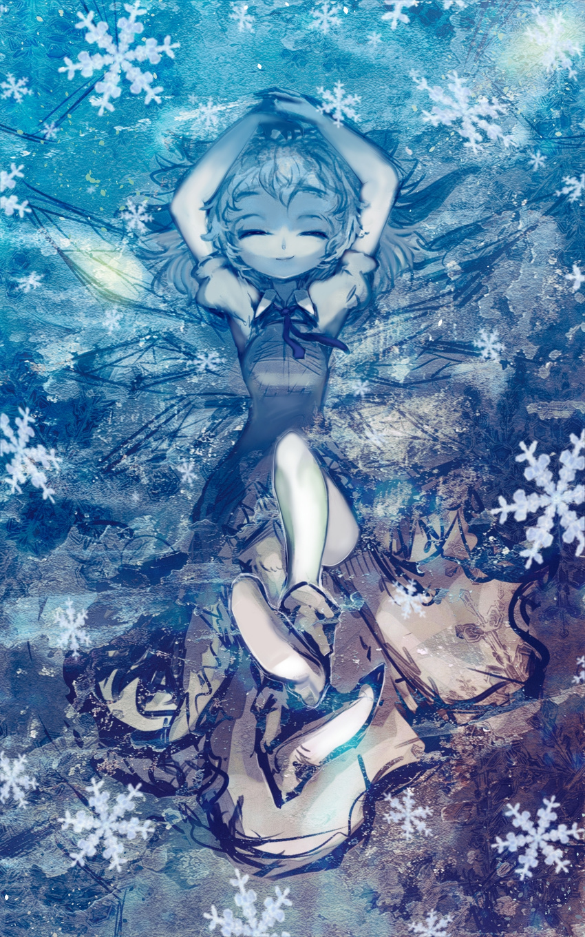 abstract_background arms_behind_head bad_id bad_pixiv_id bow cirno closed_eyes cong1991 crossed_legs dress hair_bow highres ice ice_wings leg_up legs long_hair lying on_back on_ground ribbon shoes short_sleeves smile snowflakes solo spreading_freeze texture touhou wings