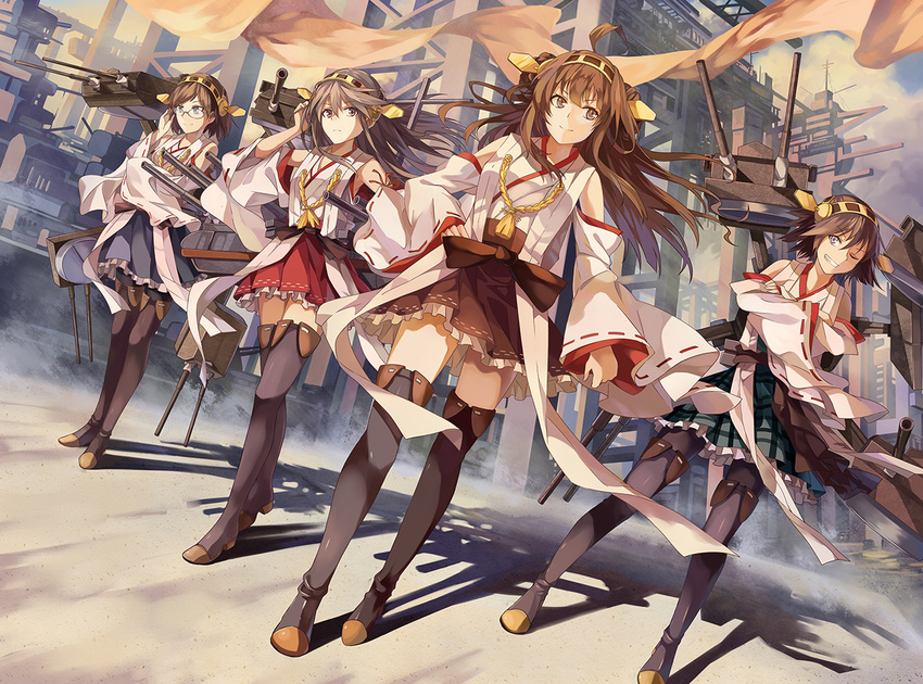 boots brown_eyes brown_hair building glasses group haruna_(kancolle) hiei_(kancolle) japanese_clothes kantai_collection kirishima_(kancolle) kongou_(kancolle) long_hair miko neko_(yanshoujie) pantyhose short_hair skirt thighhighs wink