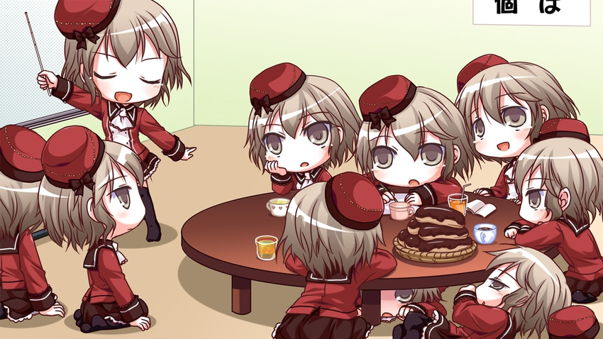 6+girls brown_eyes brown_hair chibi eclair_(food) eyes_closed game_cg hat ko~cha multiple_girls saimon_eclair table witch's_garden witch's_garden