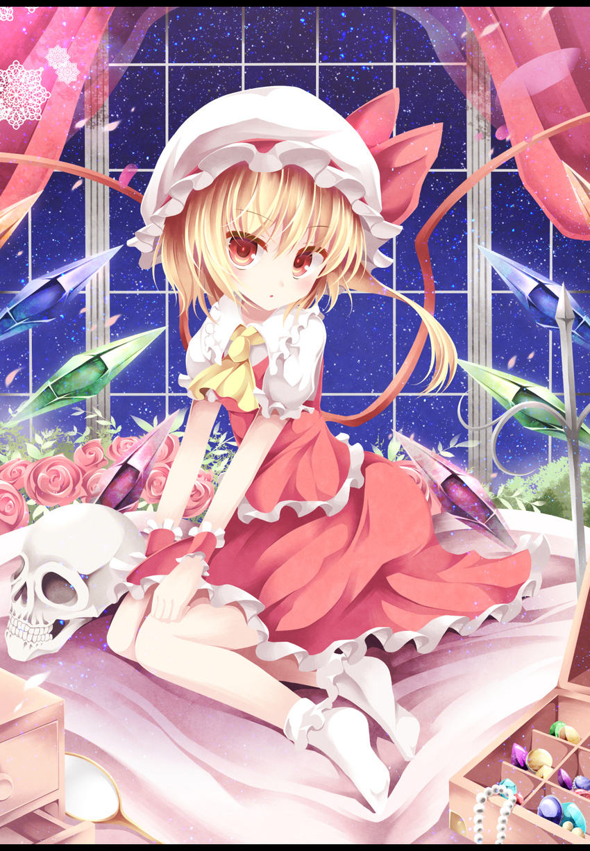 aibumi ascot bad_id bad_pixiv_id blonde_hair blush box cd_case crystal flandre_scarlet flower gem hand_mirror hat highres jewelry laevatein mirror necklace night night_sky open_mouth pearl_necklace pink_flower pink_rose puffy_short_sleeves puffy_sleeves red_eyes ribbon rose short_hair short_sleeves side_ponytail skirt skull sky socks solo star star_(sky) starry_sky touhou vest window wings