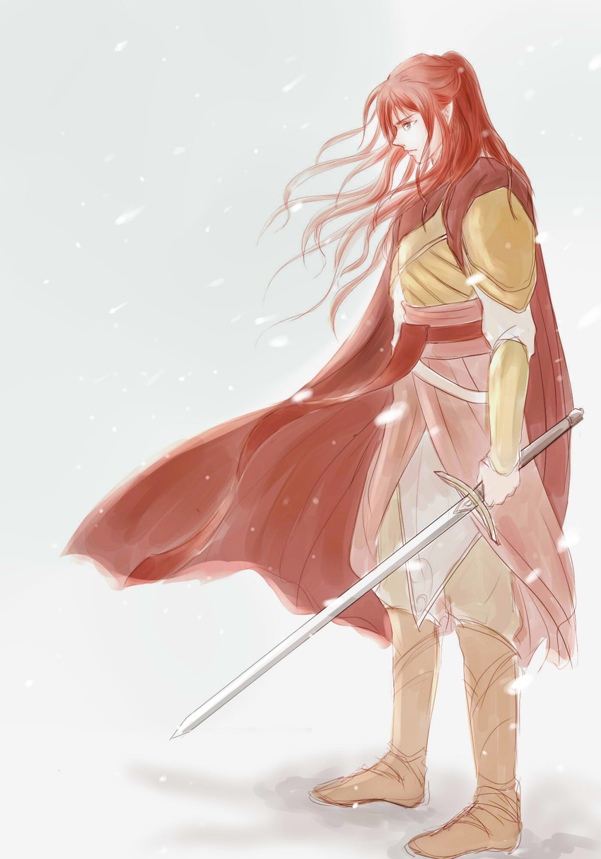 1boy amputee boots cape elf highres long_hair maedhros male male_focus middle_earth mintkim pointy_ears red_hair silmarillion snow solo sword weapon