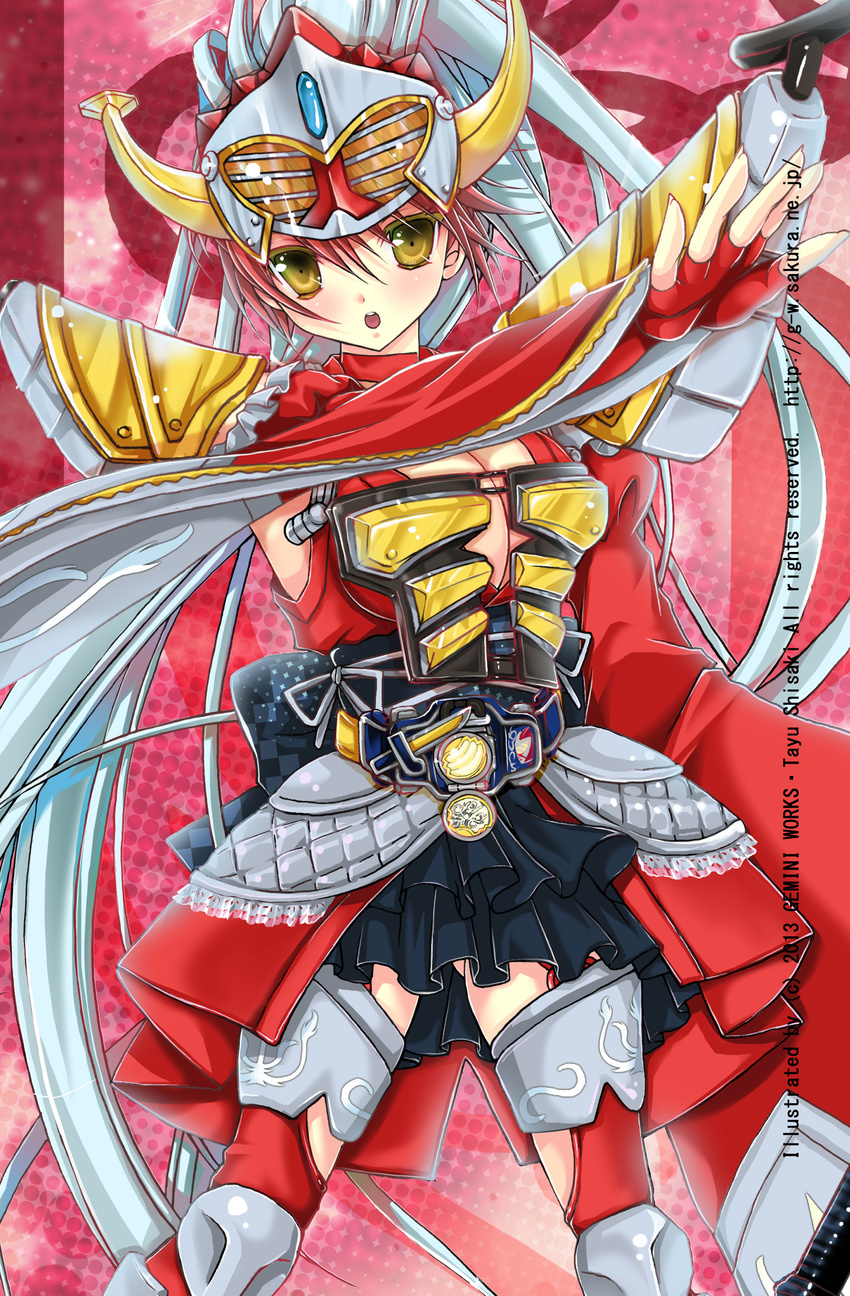 absurdres armor bad_id bad_pixiv_id banana boots breasts cleavage detached_sleeves food fruit highres kamen_rider kamen_rider_baron kamen_rider_gaim_(series) large_breasts lock_seed multicolored_hair neck_ribbon personification ponytail red_hair ribbon rider-tan rider_belt sengoku_driver shisaki_tayu silver_hair skirt solo thigh_boots thighhighs two-tone_hair yellow_eyes