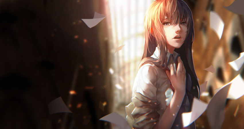 black_eyes brown_hair lightofheaven long_hair makise_kurisu paper photoshop shirt steins;gate tie