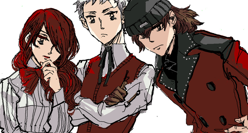 2boys aragaki_shinjirou brown_hair coat double-breasted grey_hair kirijou_mitsuru multiple_boys persona persona_3 red_hair sanada_akihiko school_uniform sutei_(giru) sweater_vest