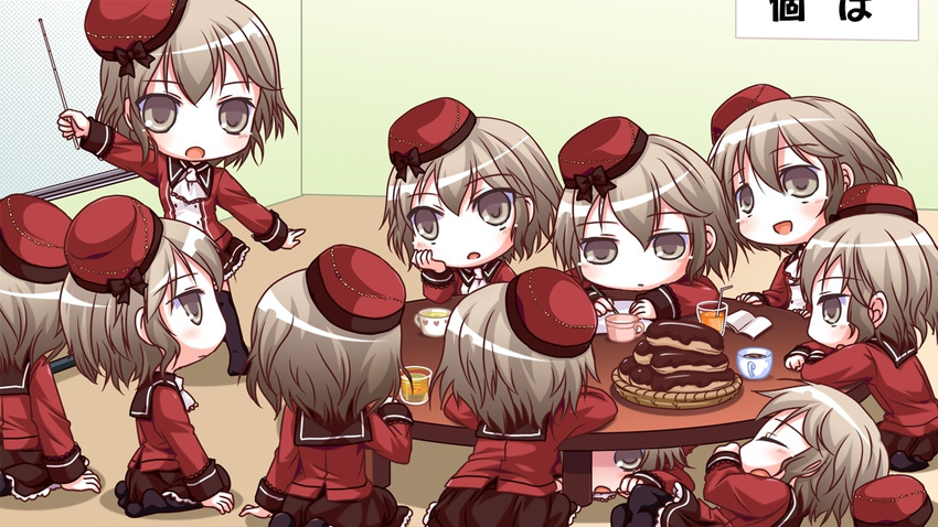 6+girls brown_eyes brown_hair chibi eclair eyes_closed game_cg hat ko~cha multiple_girls saimon_eclair table witch's_garden witch's_garden