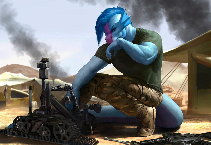 anthro biceps blue_dragon blue_hair blue_skin boots cable camera clothing crouching detailed detailed_background dragon ground gun hair hand_on_face hi_res icy_(character) loculi looking_down m16 machine male mechanical muscles pants ranged_weapon red_eyes rifle robot sand scales scalie shirt sky smoke solo sweat thinking tiptoes tool vein weapon wrench