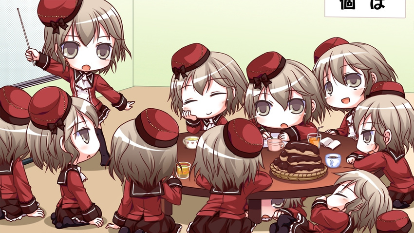 6+girls brown_eyes brown_hair chibi eclair_(food) eyes_closed game_cg hat ko~cha multiple_girls saimon_eclair table witch's_garden witch's_garden