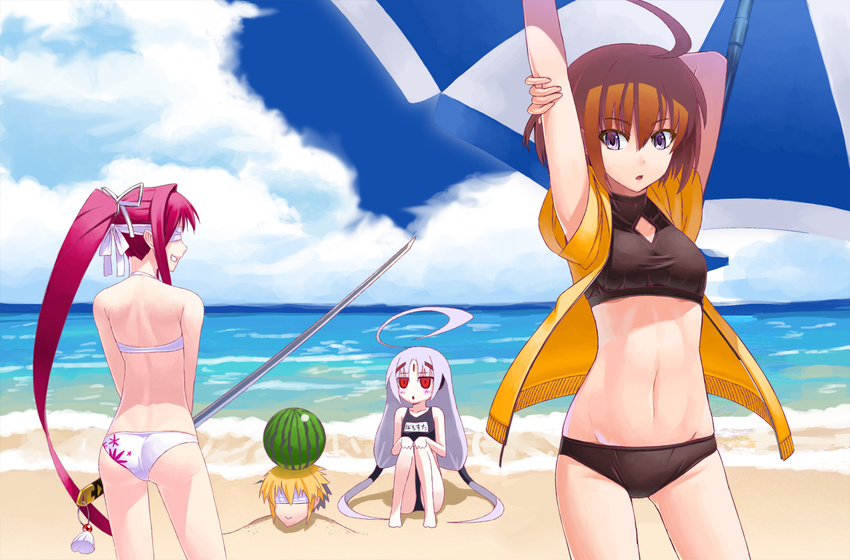 3girls adapted_costume ahoge ass beach beach_umbrella blindfold blonde_hair blush breasts brown_hair cloud day food fruit grin hood hoodie huge_ahoge hyde_(under_night_in-birth) inugoya katana linne long_hair midriff multicolored_hair multiple_girls navel ocean open_clothes open_hoodie open_mouth orange_shirt ponytail purple_eyes red_eyes ribbon shirt short_hair short_sleeves silver_hair sitting small_breasts smile suikawari swimsuit sword tankini two-tone_hair umbrella under_night_in-birth vatista watermelon weapon yuzuriha_(under_night_in-birth)