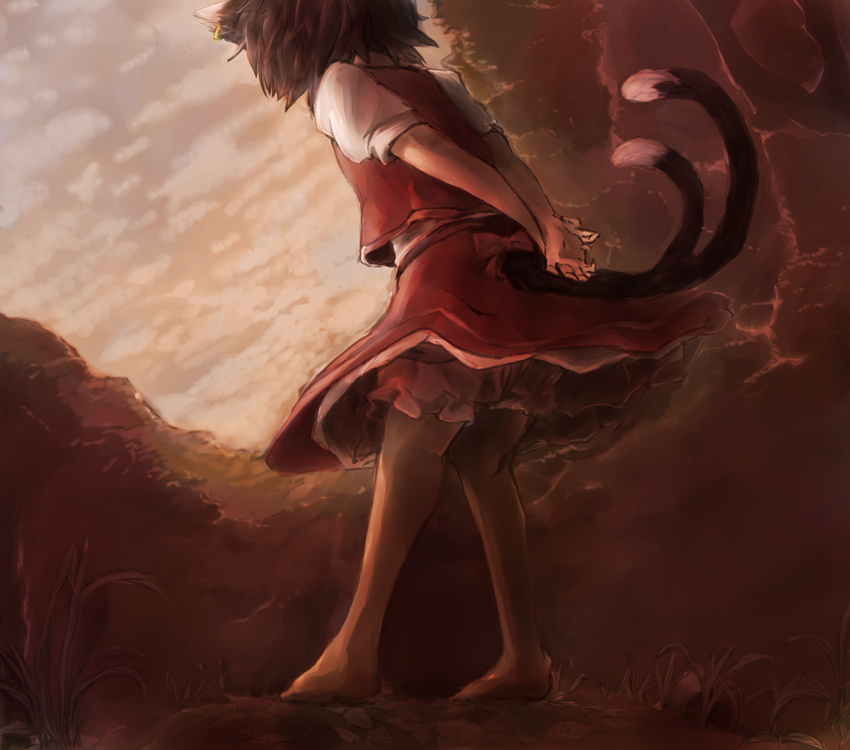 animal_ears arms_behind_back barefoot bloomers brown_hair cat_ears cat_tail chen cloud from_behind from_below grass hands_together jewelry mountain mozaiku_dotto multiple_tails single_earring skirt skirt_set solo tail touhou tree twilight underwear