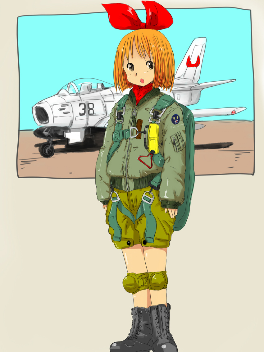 aircraft airplane annaka_haruna bomber_jacket boots bow f-86_sabre hair_bow highres hyakute_gyojin jacket knee_pads nichijou oversized_clothes parachute pilot shorts solo