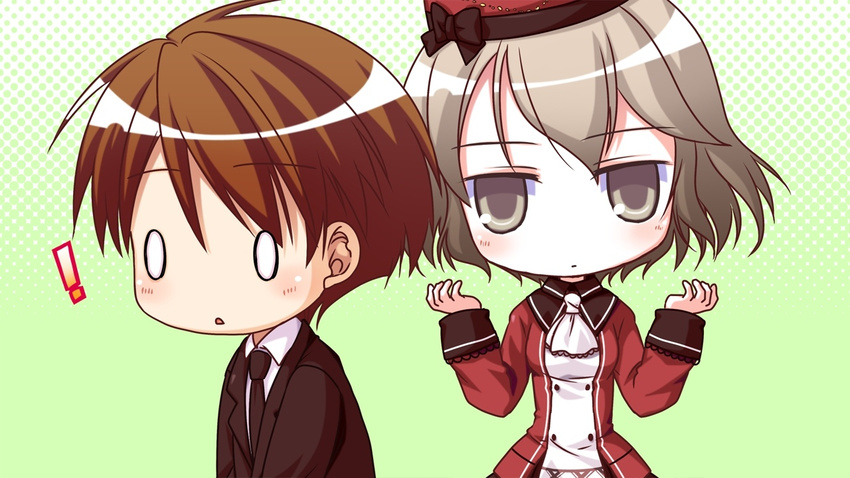 1boy 1girl arima_yousuke brown_eyes brown_hair chibi formal game_cg ko~cha necktie o_o saimon_eclair suit tie witch's_garden witch's_garden