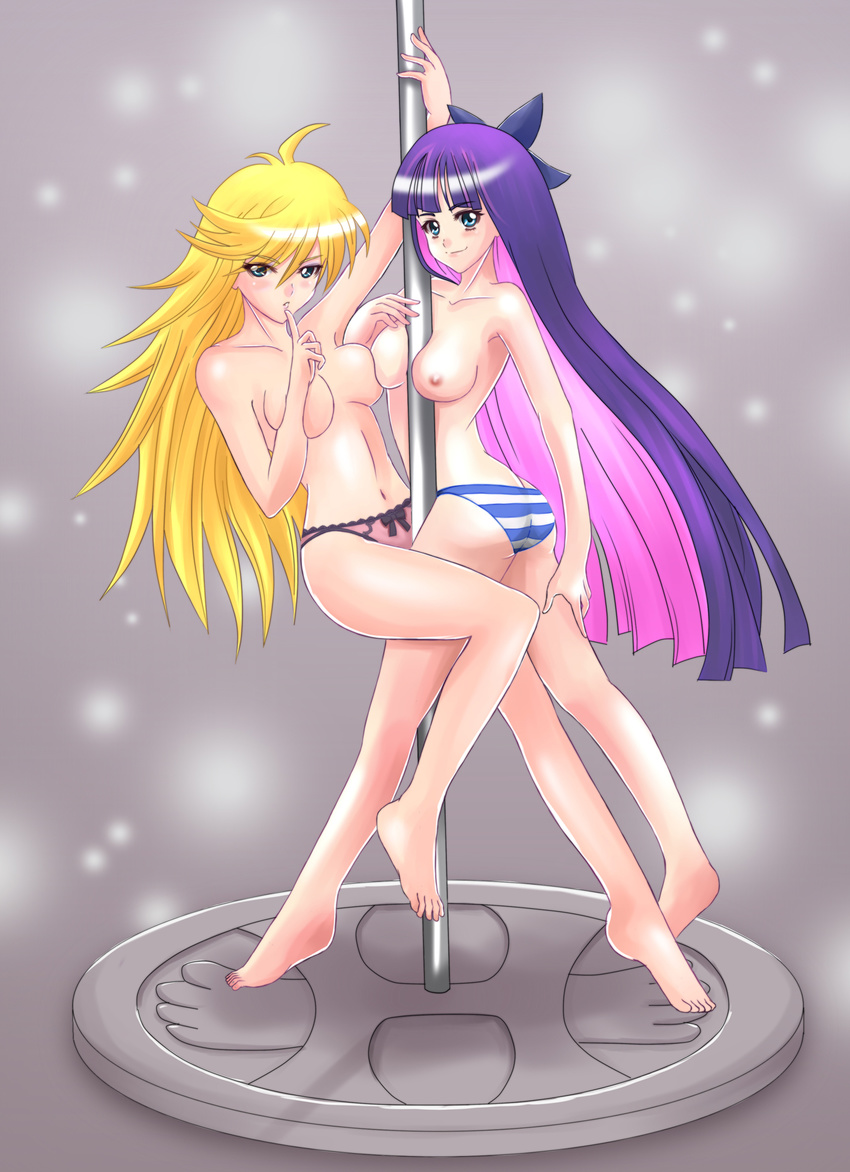 2girls breasts highres large_breasts multiple_girls panty_&amp;_stocking_with_garterbelt panty_(psg) pole pole_dancing saw_(artist) stocking_(psg)