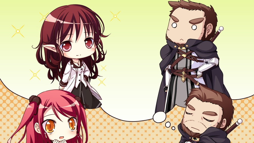 1boy 2girls cape chibi eyes_closed game_cg hinomiya_ayari ko~cha kurauchi_joji long_hair multiple_girls o_o red_eyes red_hair sword weapon witch's_garden witch's_garden yellow_eyes